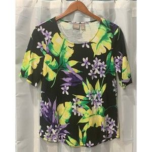 Chico’s Women’s Size 1 Purple Floral Print Flowers Short Sleeve Shirt Top